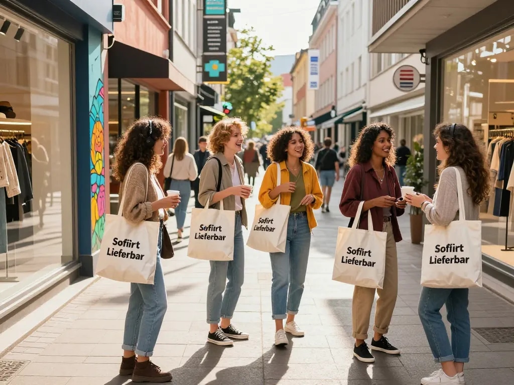 Freunde beim Einkaufen in einer urbanen Umgebung, die Sofort Lieferbar Produkte in trendiger Kulisse präsentieren.
