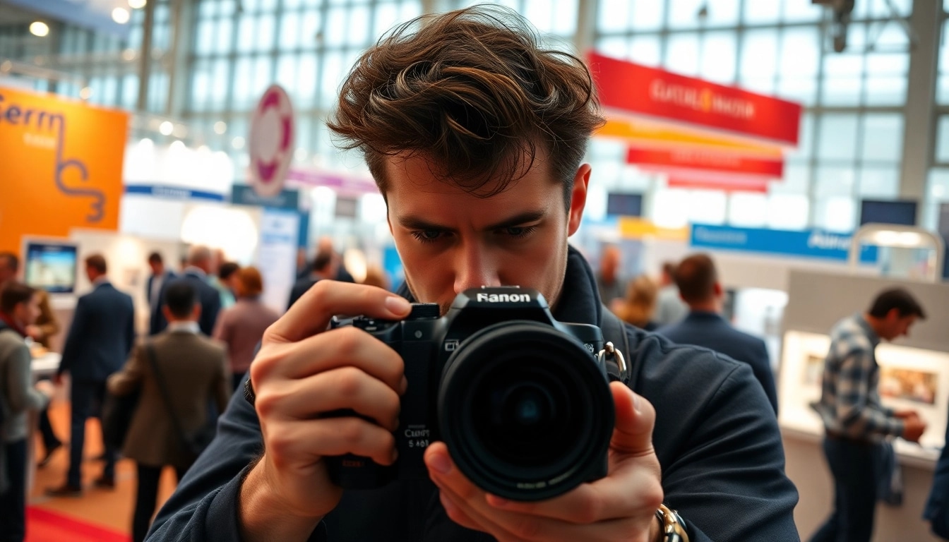 Messefotograf München erhebt seine Kamera auf einer lebhaften Messe in München.
