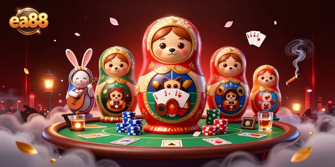 Experience the thrill of ea88 with a dynamic casino scene featuring playful bears and gaming elements.