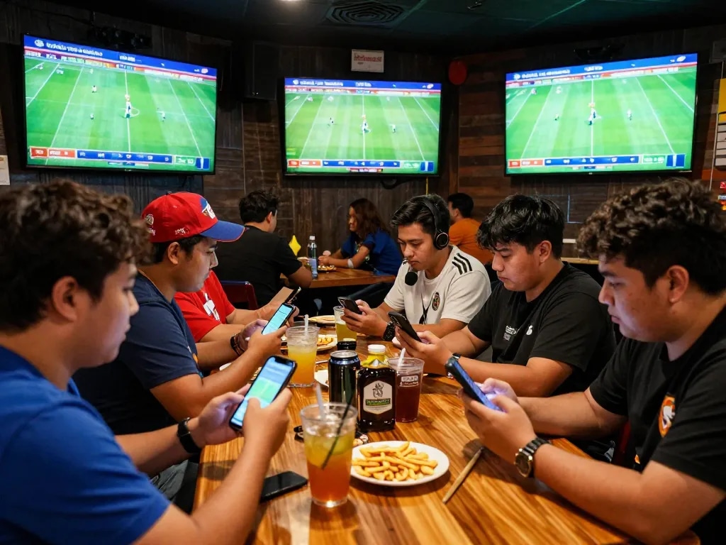 Engaging sports betting scene showing patrons enjoying tỷ lệ kèo nhà cái 5 while placing bets.