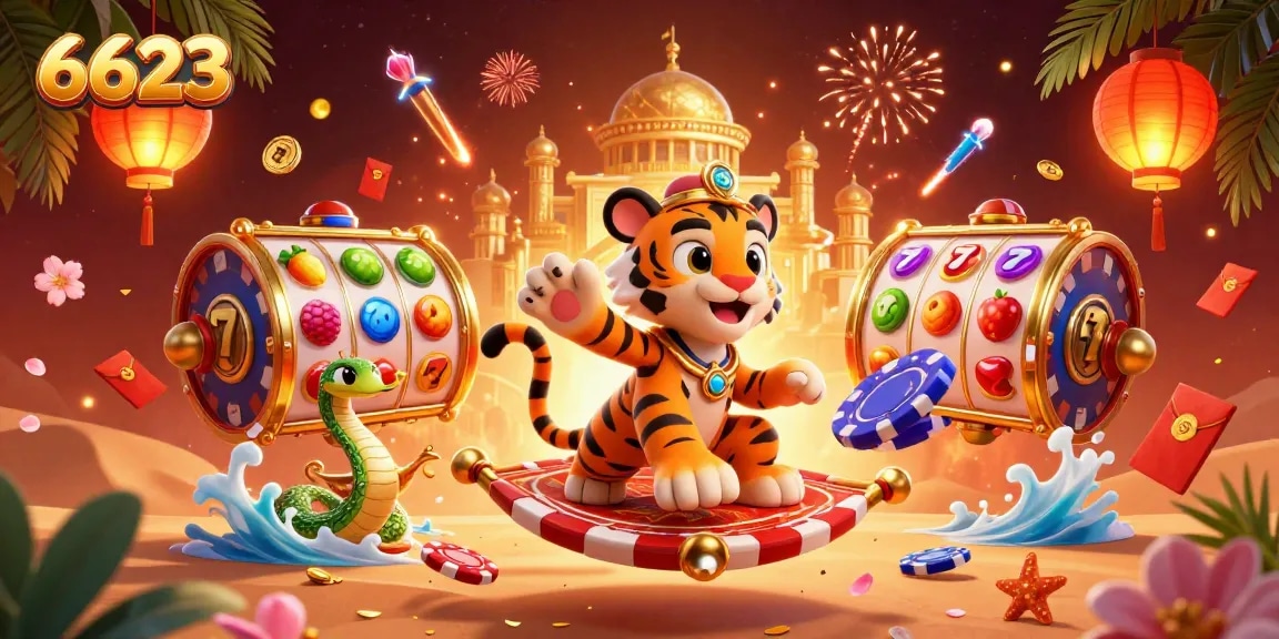 Engage in thrilling gameplay at 6623, where vibrant slot reels spin with fortune in a lively casino atmosphere.