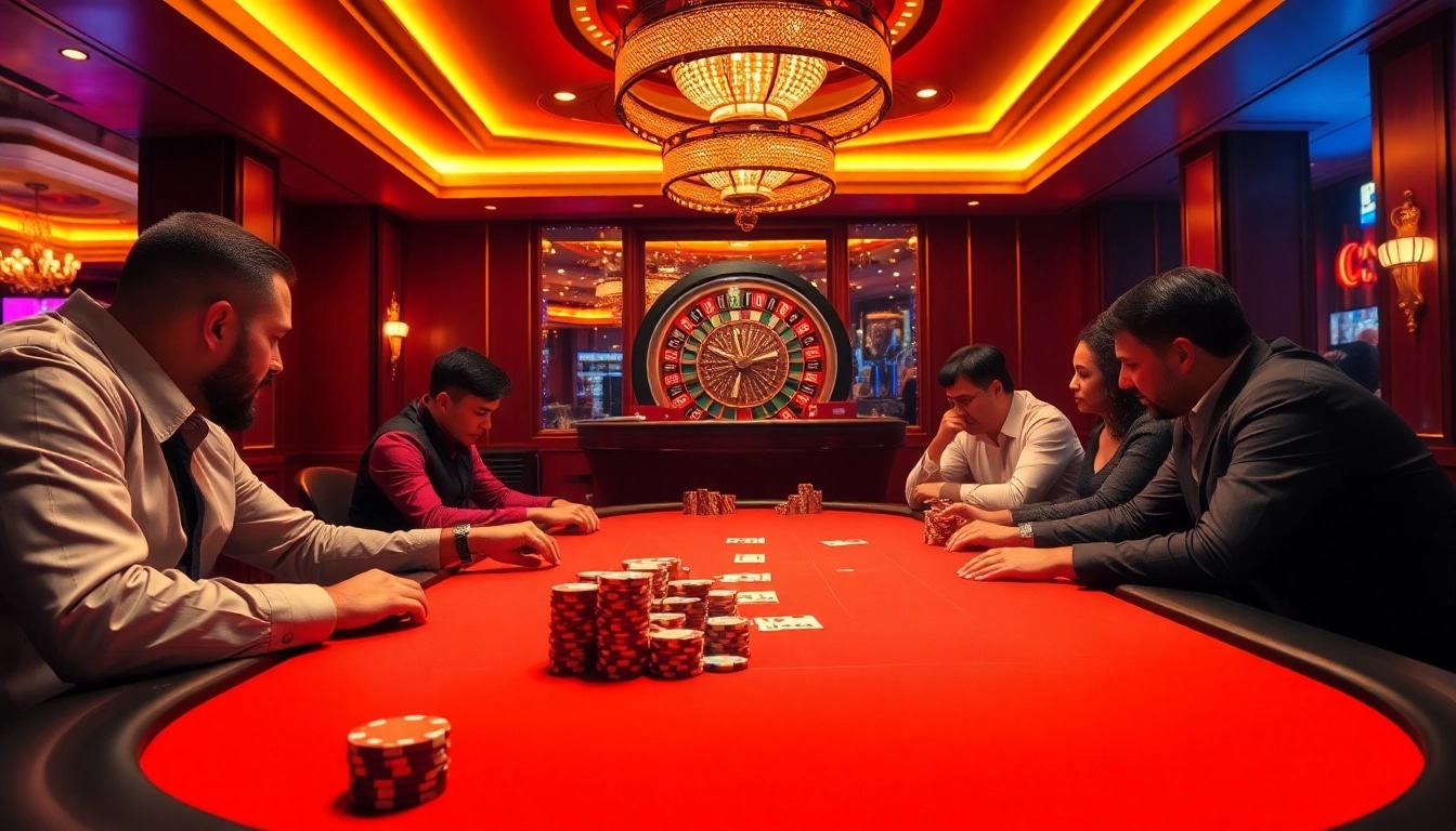 Engaged players at a poker table in a vibrant casino setting inspired by https://f168.sarl/ with chips and cards.