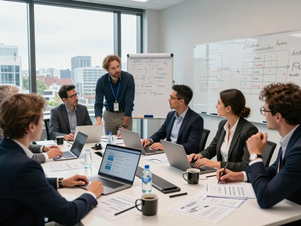 Team diskutiert über Gebäudereinigung für Unternehmen in Münster in einem modernen Büro