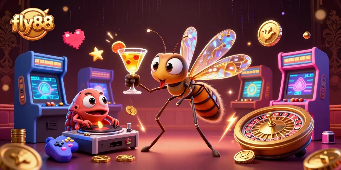 Experience fly88 in a vibrant casino scene with dynamic 3D characters and gaming elements.
