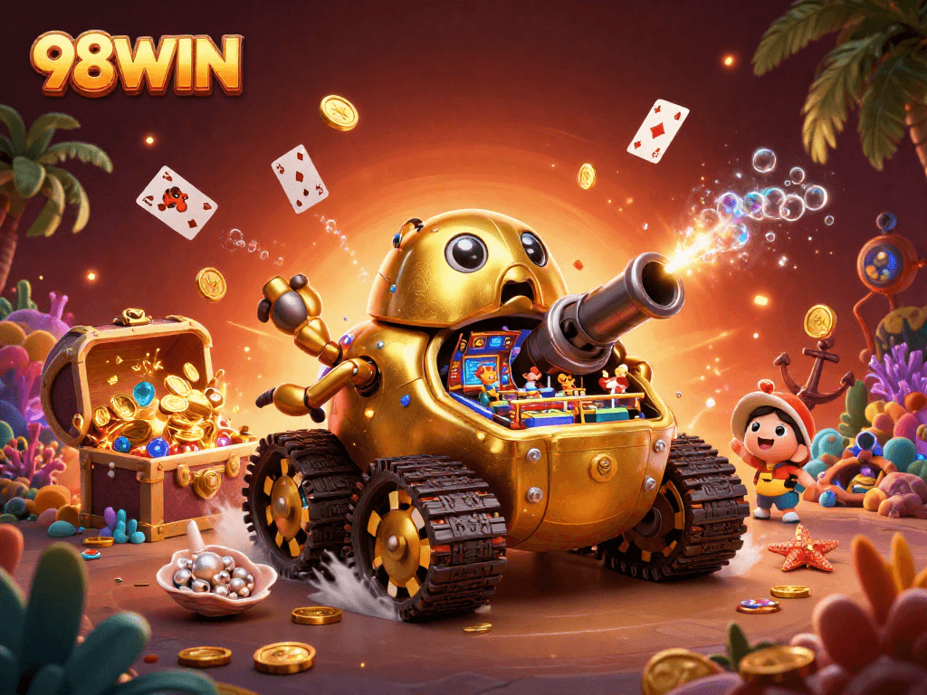Join the exciting world of 98WIN where a massive golden beetle tank bursts with casino fun and treasures!
