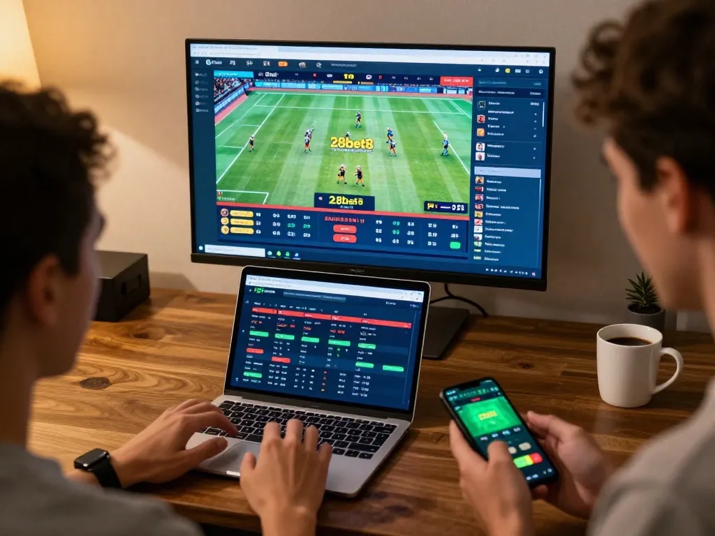 Excited player betting on 28bet8 sports app during live match on a modern gaming setup.