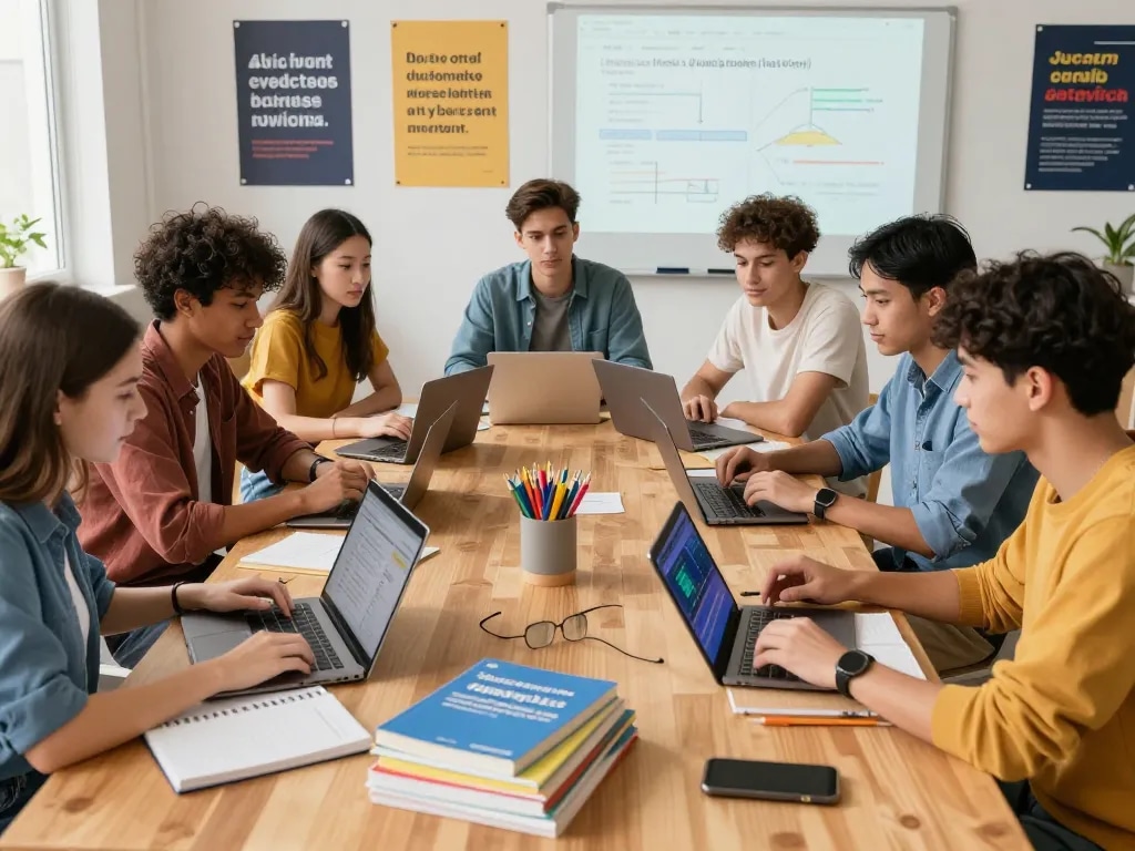 Vielfältige Schüler arbeiten gemeinsam mit Hausaufgaben KI-Tools in einer hellen Lernumgebung.