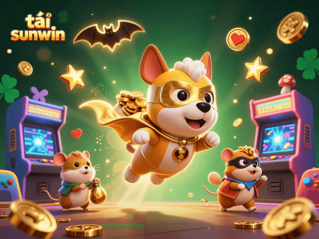 Engage with the vibrant 3D casino adventure of tải sunwin, featuring a superhero dog flying with coins and gaming elements.