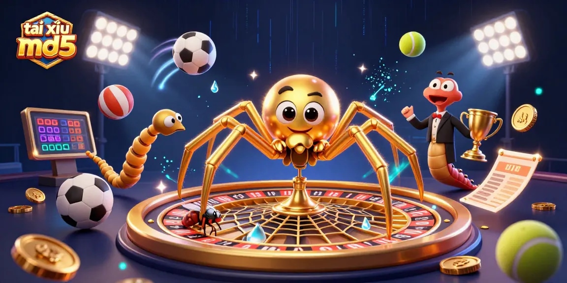 Tài xỉu MD5 game experience with a golden spider and a centipede croupier amidst vibrant sports elements