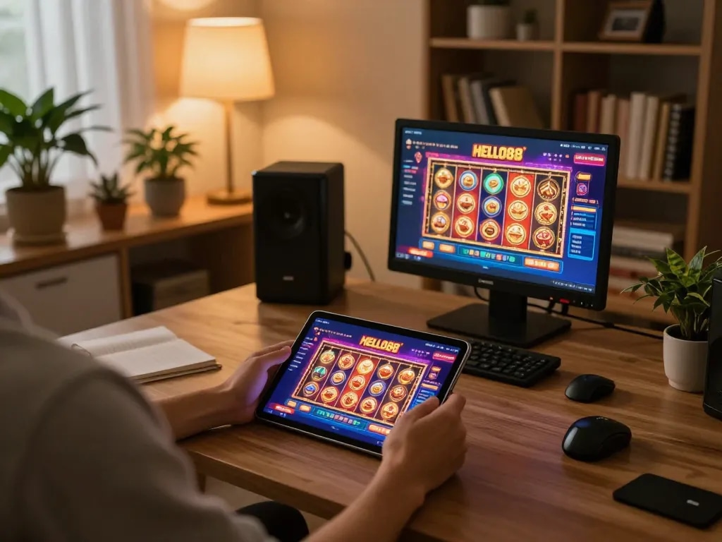 Engaged player enjoying slot games on HELLO88 app in a cozy home setting.