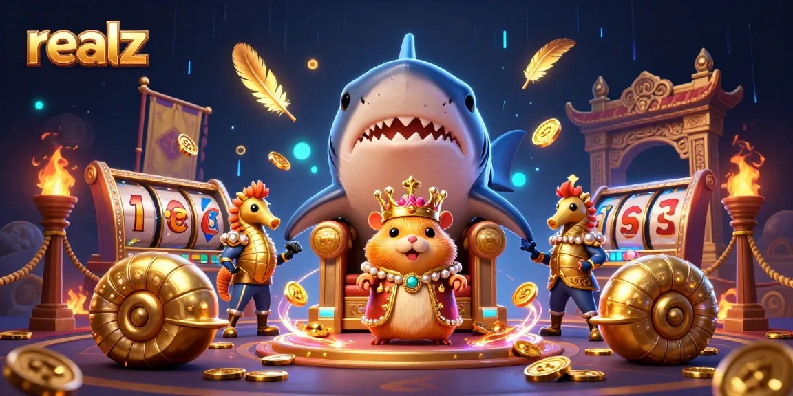 Spin the reels at realz with a vibrant 3D scene featuring a golden hamster king and thrilling casino elements.