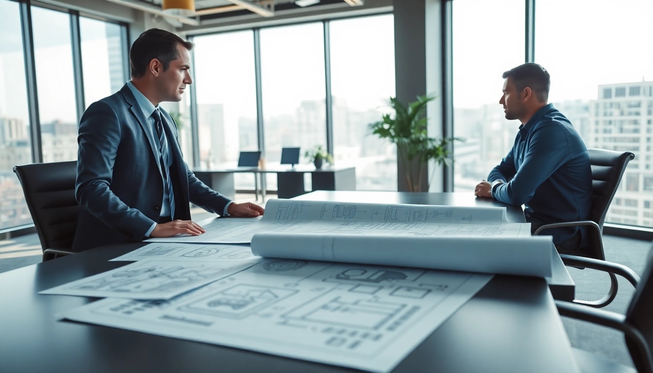 Headhunter Ingenieure berät Kunden in modernem Büro mit Ingenieurplänen.