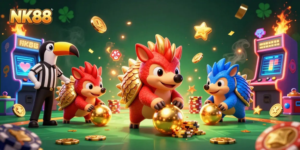 Join the excitement at NK88 while rival pangolins roll through poker chips in a 3D casino showdown.