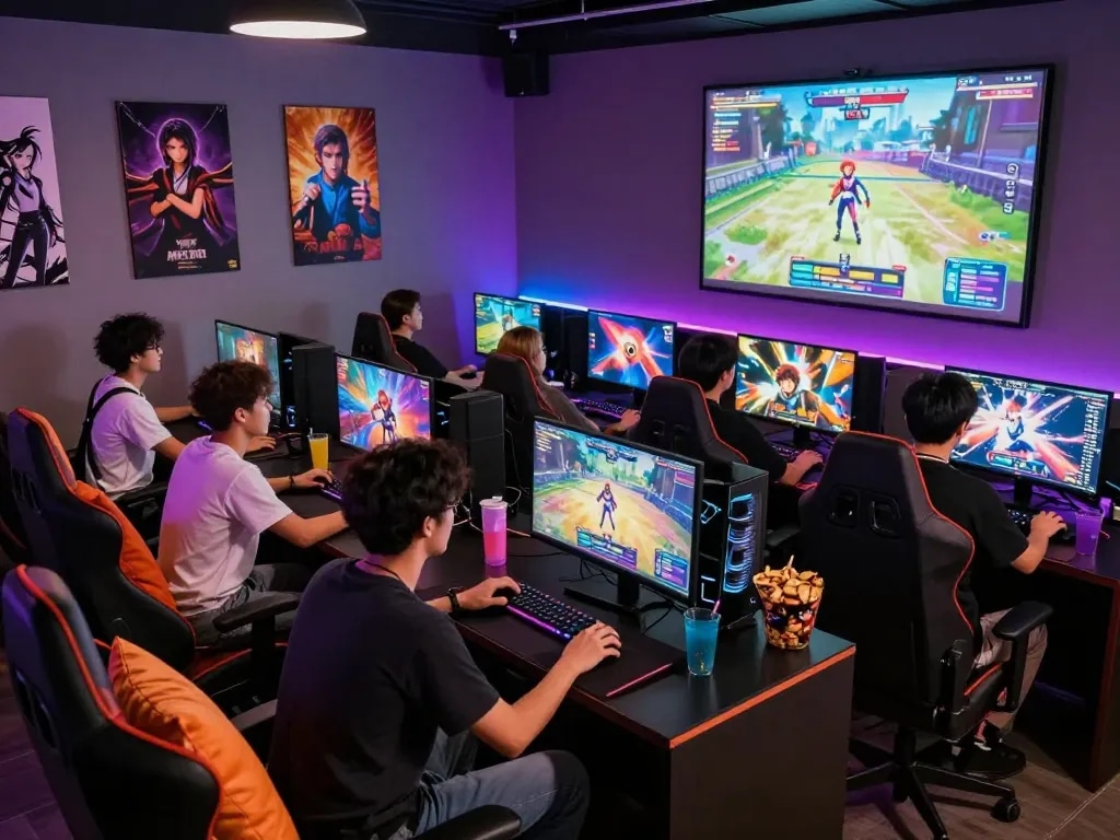 Engaging scene of friends playing various adult visual novel games at a vibrant gaming lounge, focusing on game sex.