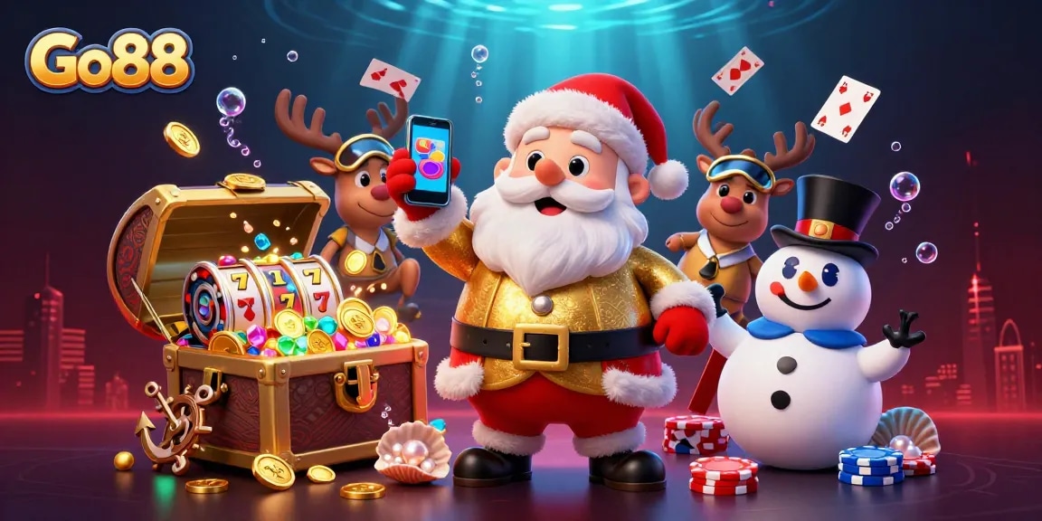 Join Go88 for exciting jackpot slots with Santa and his fun companions in this vibrant casino scene.