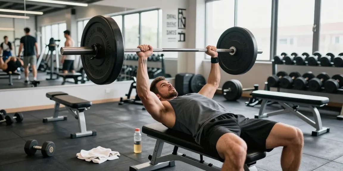 Deus Medical Anabolika im Fitnessstudio, Athlet trainiert intensiv mit Hanteln.
