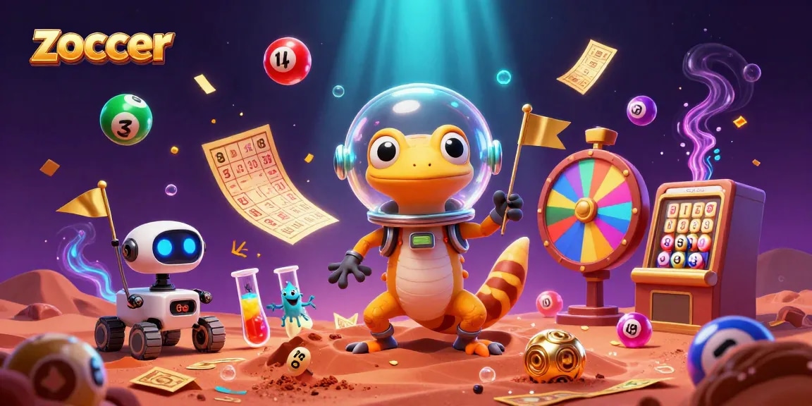 Zoccer Casino's exciting scene with a Martian gecko discovering riches among lottery elements.