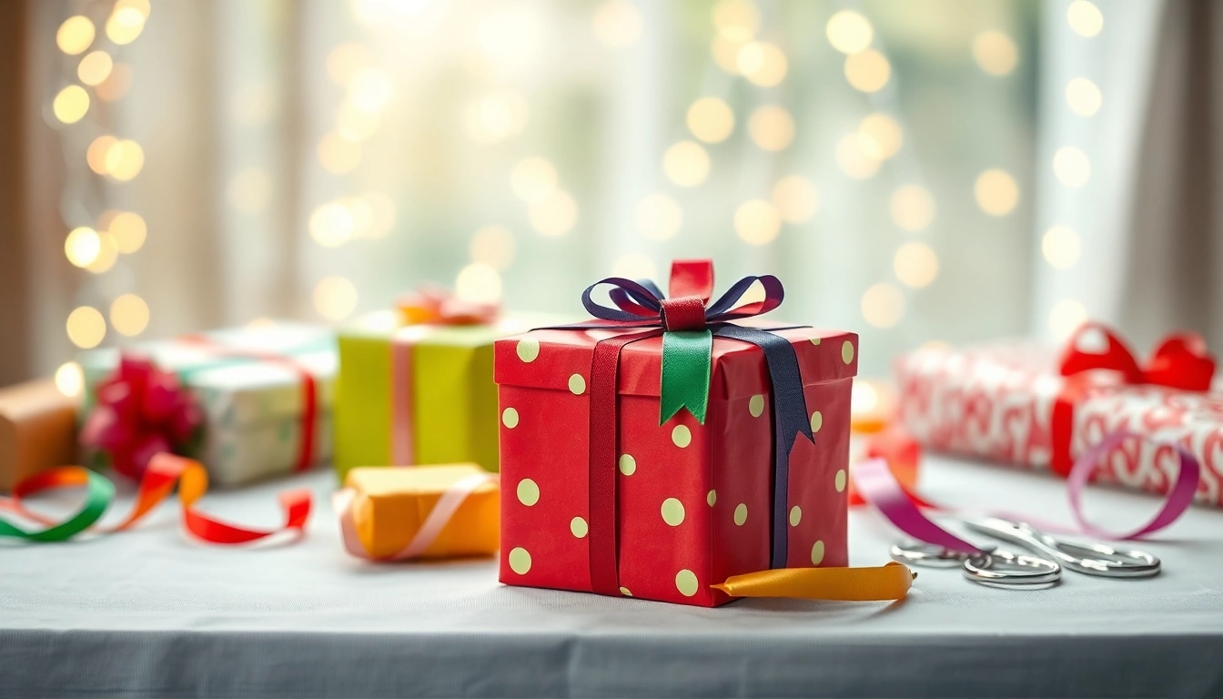 Verpacke kreative perfekte Geschenkidee mit buntem Papier und Schleifen.