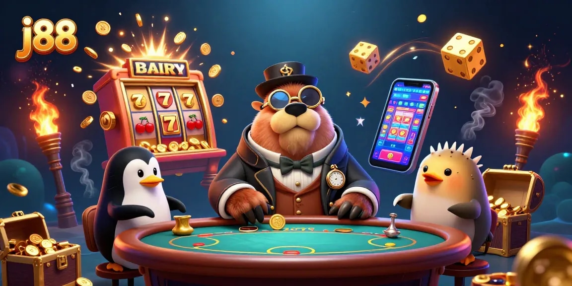 Experience thrilling gameplay at j88, featuring charming characters in an underwater casino scene with dynamic elements.