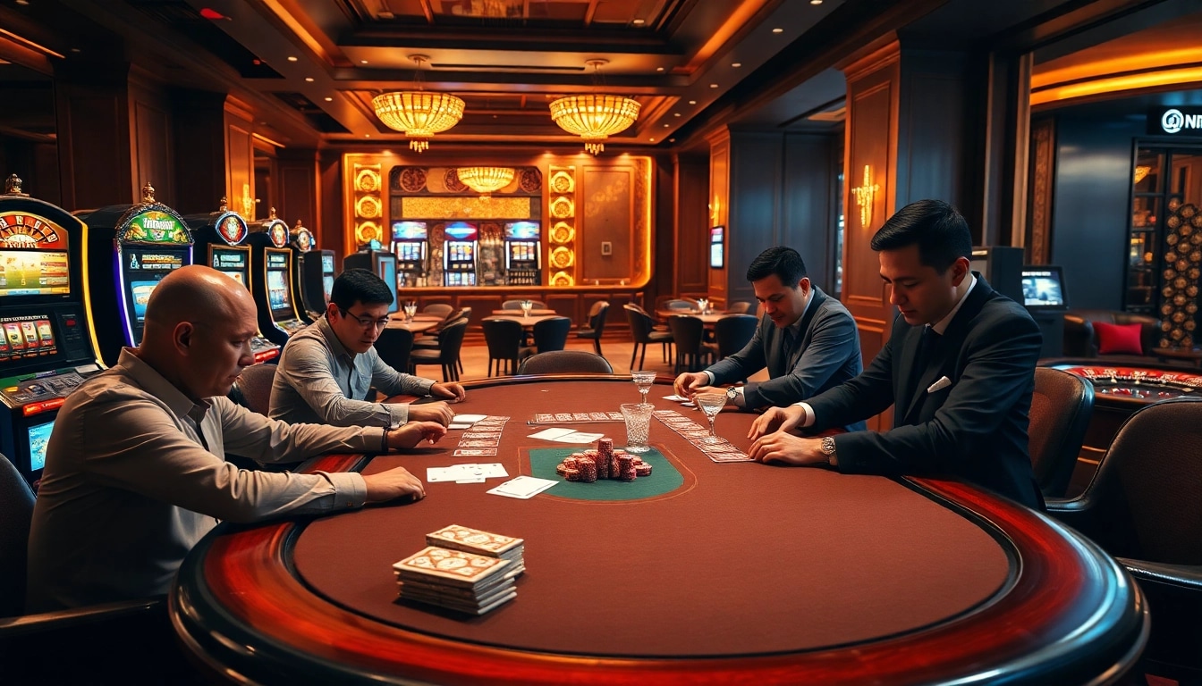 Experience high-stakes gaming action at qh88 casino with luxurious poker tables and vibrant ambiance.