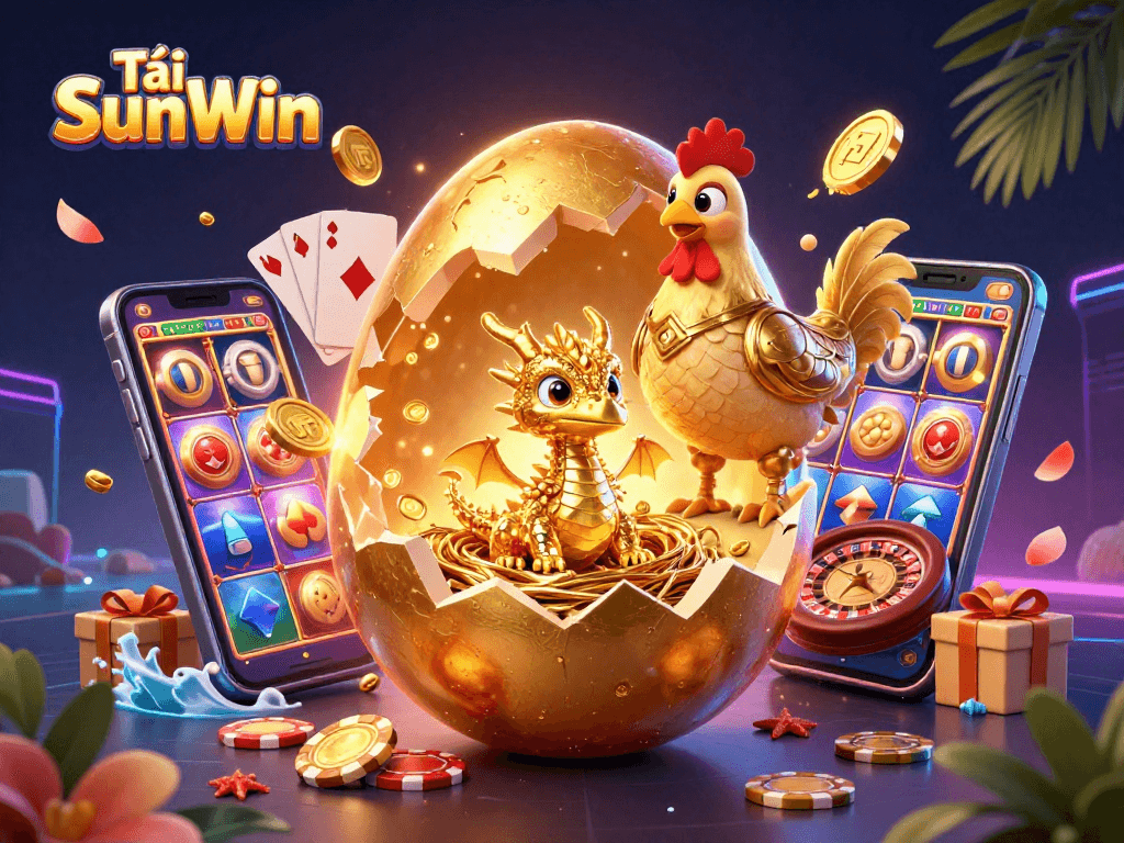 Tải SunWin showcases a captivating baby dragon revealing golden treasures in a vibrant casino scene.