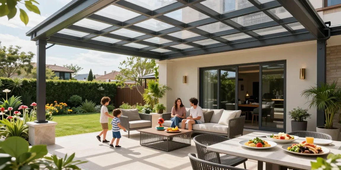 Terrassenüberdachungen bieten komfortablen Schatten für Familien mit stilvollem Gartenambiente.