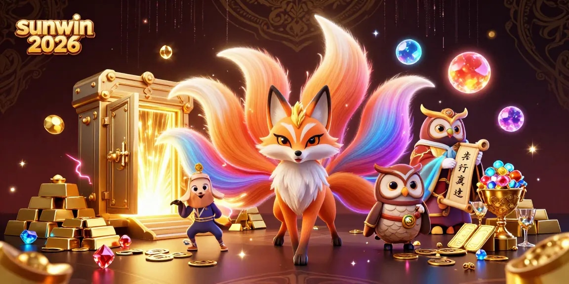 Engage with the magic of sunwin 2026, featuring a glowing nine-tailed fox and a wise owl in a vibrant casino realm of treasures.