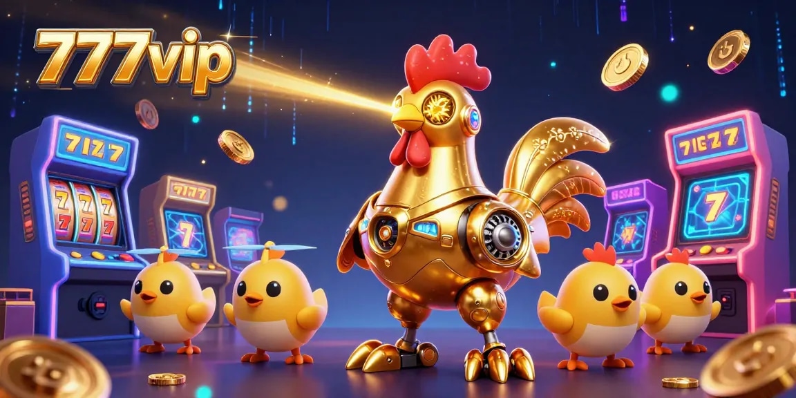 Experience thrilling gameplay with the 777vip golden rooster robot amidst vibrant casino elements.