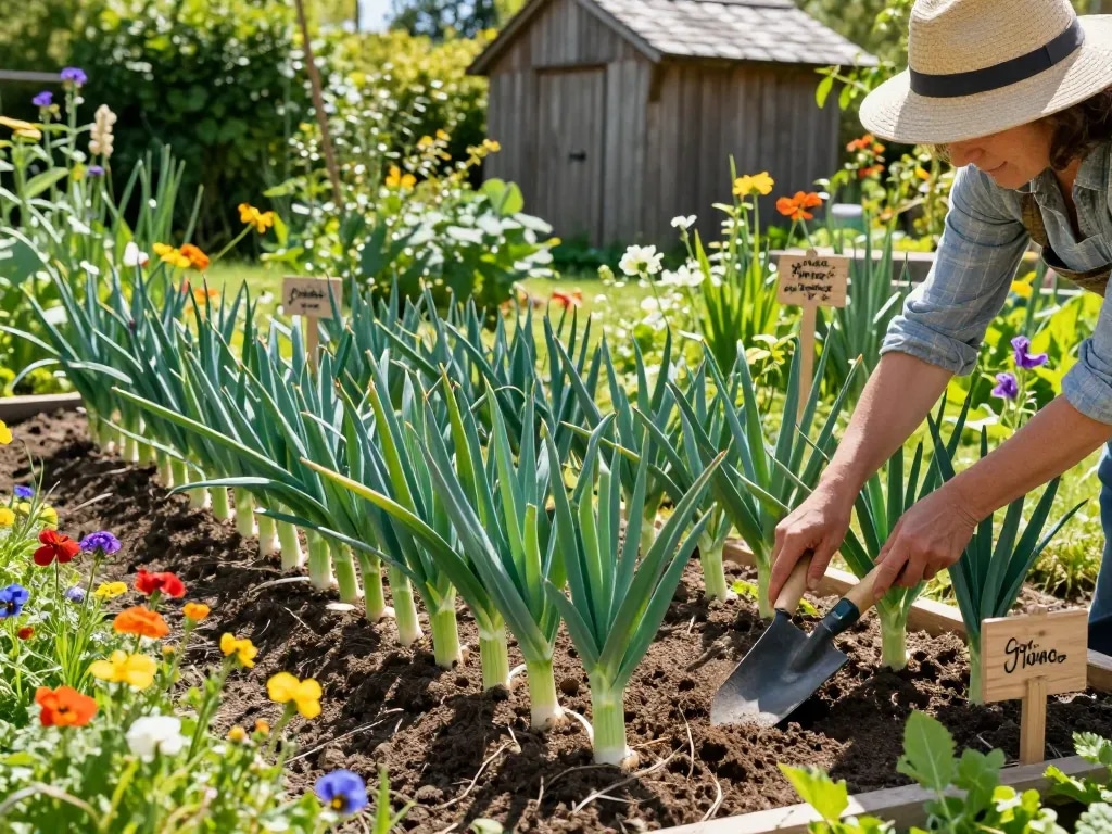 Growing sommerporree in a vibrant summer garden with a gardener tending to lush leeks.