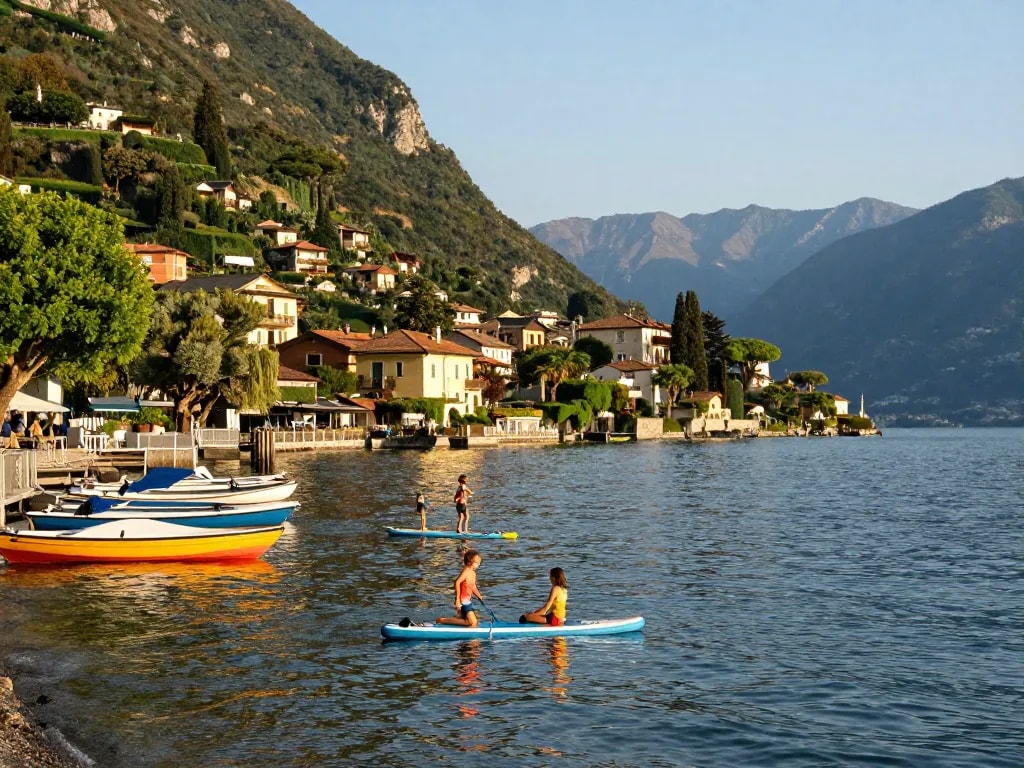 Familie genießt Urlaub am Gardasee mit Aktivitäten am See bei Sonnenuntergang.