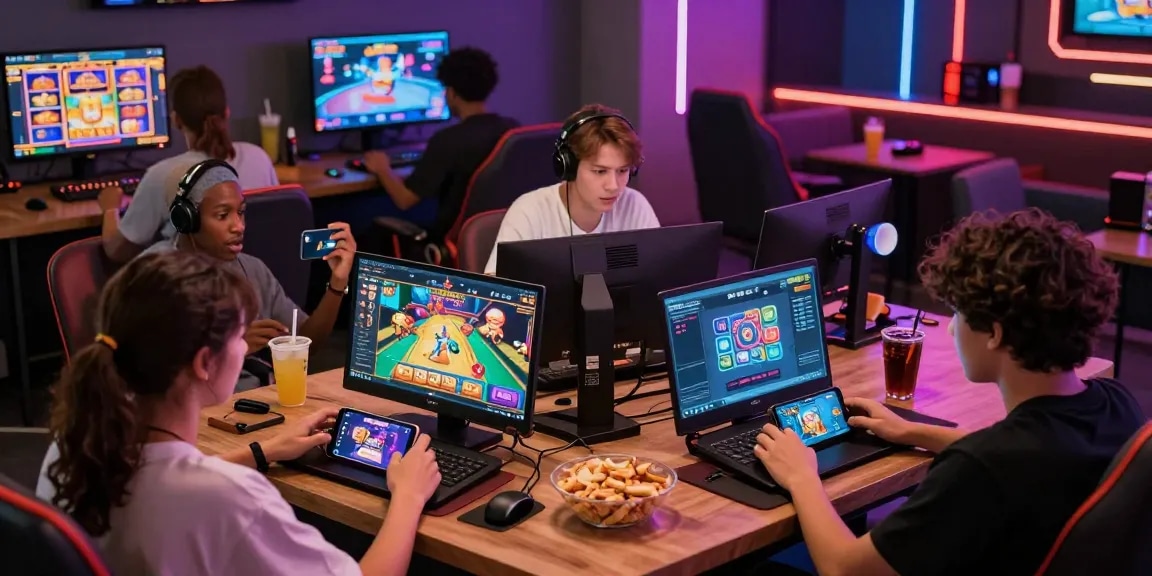Dynamic gaming experience at https://gemwin.pics/ with players enjoying diverse games in a vibrant lounge setting.