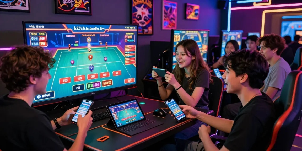 Exciting gaming scene on https://b52club.radio.fm/ with young adults enjoying casino games on their devices, vibrant atmosphere.