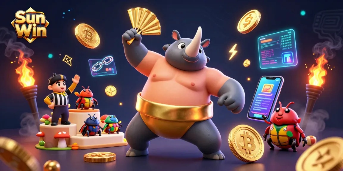 Win big at Sun Win with an exciting 3D gaming scene featuring dynamic characters and cryptocurrency elements.