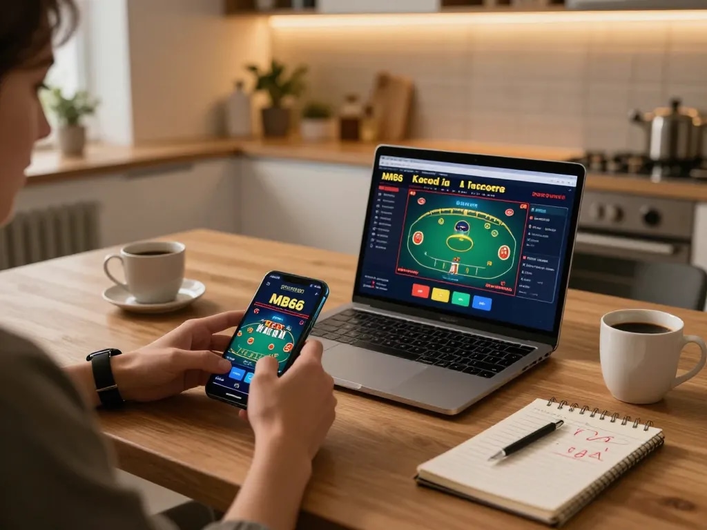 Engaging in mobile casino gaming on MB66 smartphone at modern kitchen, showcasing strategy.