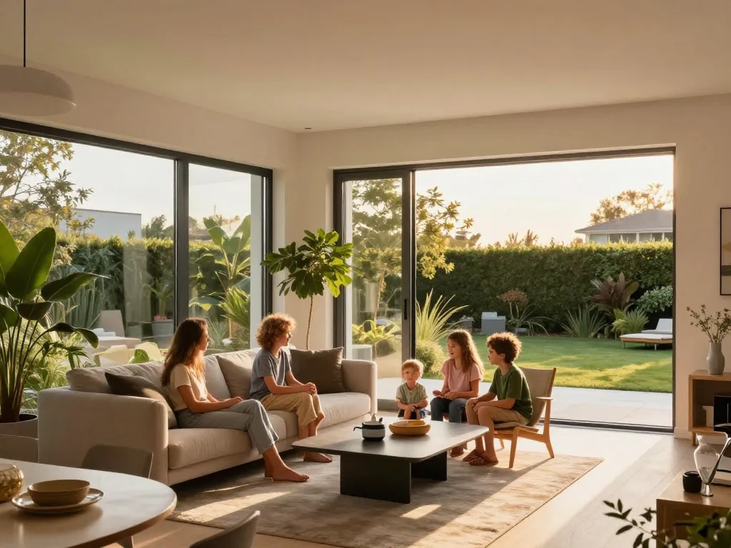Stilvolles Zuhause mit fenster schüco, wo eine Familie das natürliche Licht genießt.
