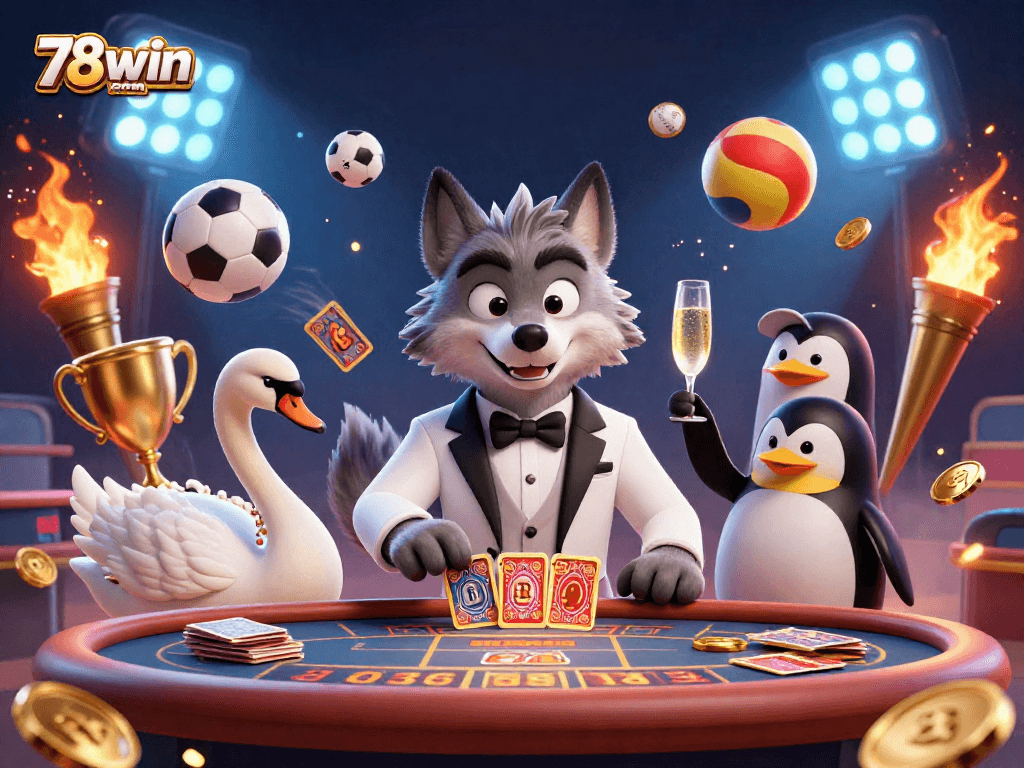 Engage with exciting games on 78win com featuring a debonair wolf at a baccarat table amidst dynamic sports betting elements.