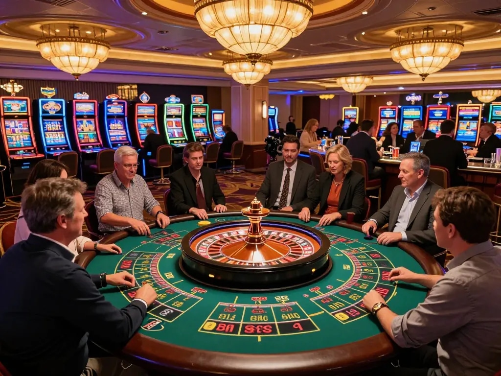 Players engaging in roulette bets at the casino floor, showcasing the vibrant atmosphere and excitement of gambling at https.