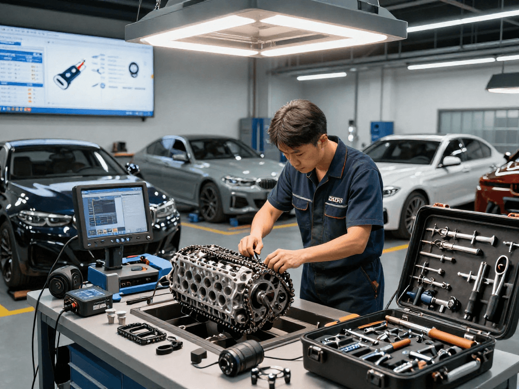 BMW Steuerkette wechseln in der Werkstatt mit spezialisierten Werkzeugen und einem Mechaniker bei der Arbeit