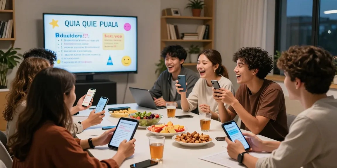 Group of friends enjoying a Quiz Allgemeinwissen game night with interactive questions and lively atmosphere.