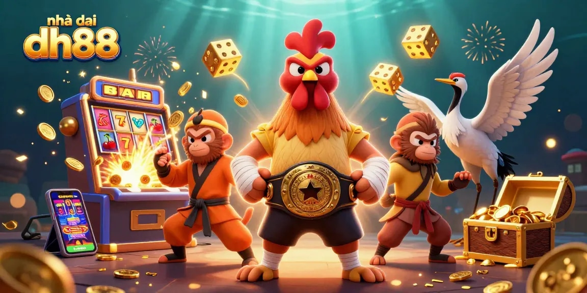 Experience the thrill at nhà cái dh88, showcasing a vibrant 3D casino scene with characters amidst jackpot excitement.