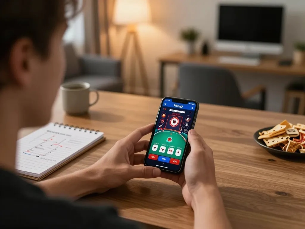 79king2 mobile gaming experience with strategic poker on a smartphone in a cozy home office.