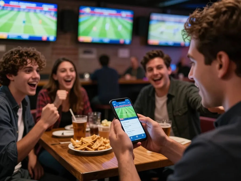 Enthusiastic bettor using mobile app for soi kèo nhà cái while enjoying a game at a sports bar