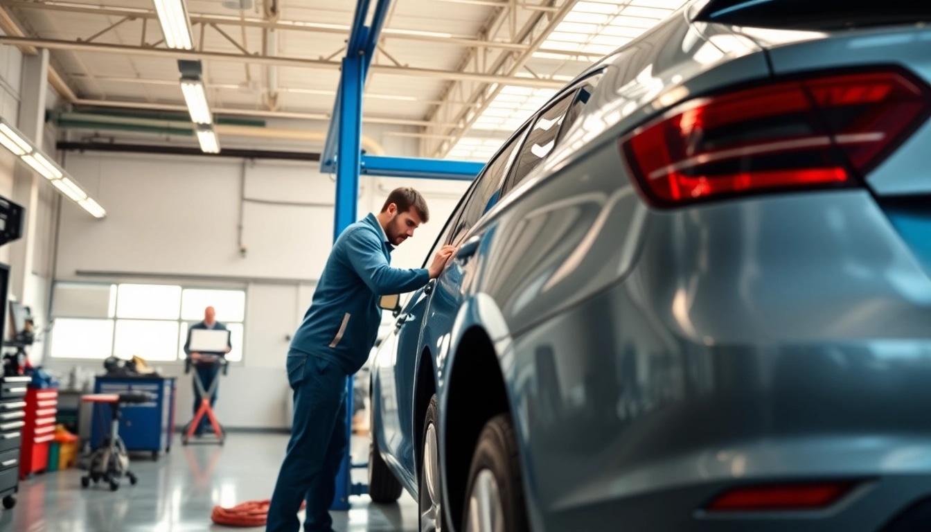 Hagelschaden Reparatur München zeigt professionelle Fahrzeugreparatur durch Techniker.