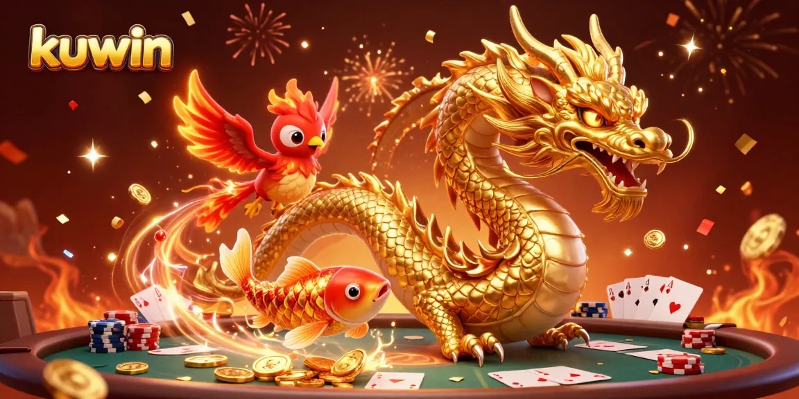 Kuwin reveals winning poker strategies with a vibrant, celebratory illustration featuring a dragon, phoenix, and koi fish.