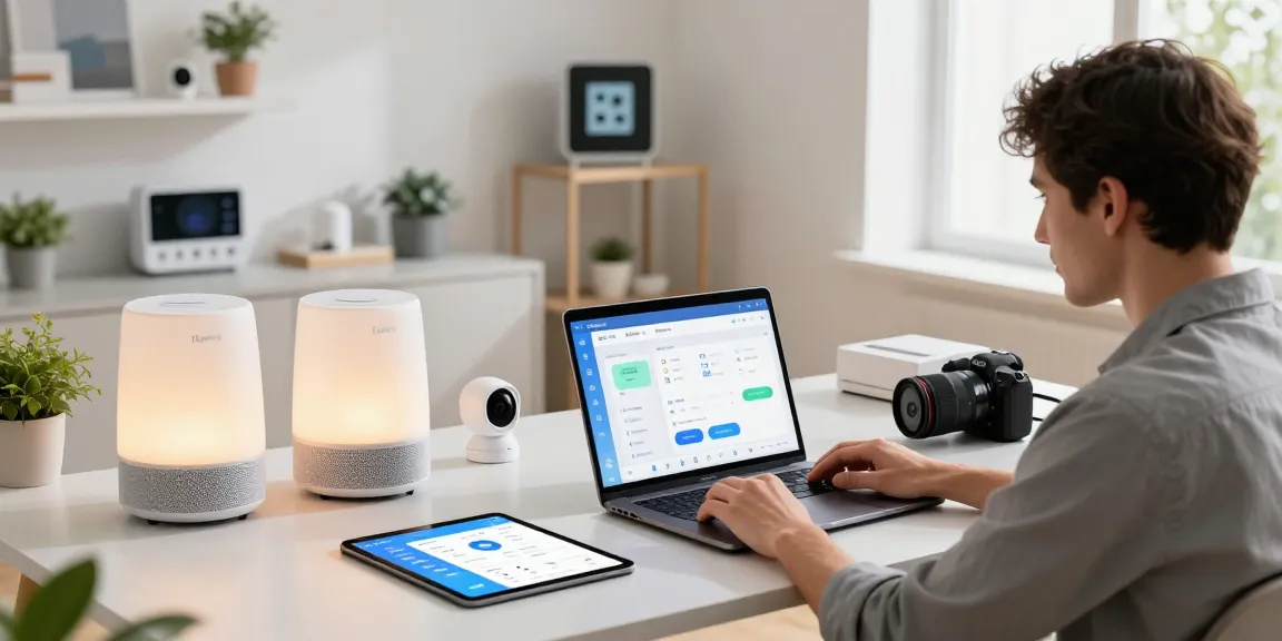 Homey Pro 2026 Test in a modern home automation workspace showcasing various smart devices and an engaging tech enthusiast.