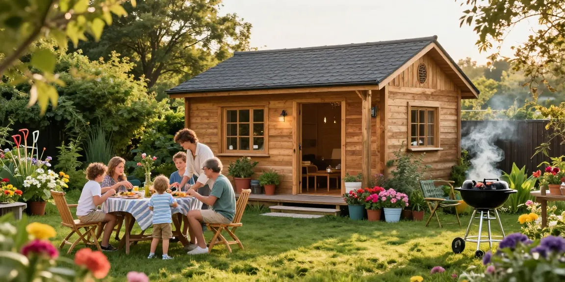 Gartenhaus kaufen - Familienfeier im Garten mit Holzhaus und bunten Blumen