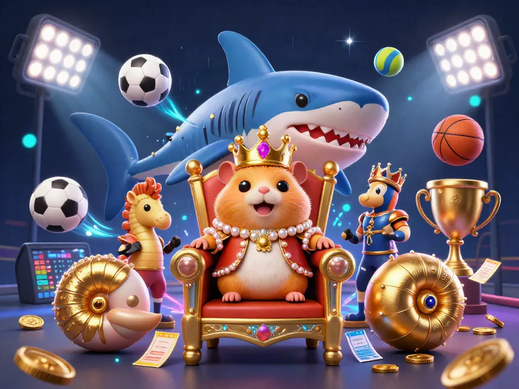 Kuwin showcases a vibrant online casino scene with a golden hamster king and dynamic sports elements celebrating online gambling excitement.