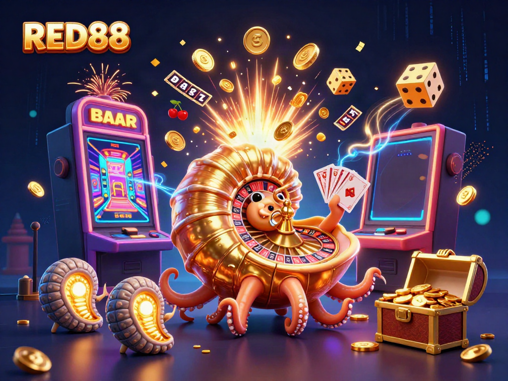 Experience the vibrant energy of RED88's casino with a dynamic scene of a giant nautilus and multiple games.