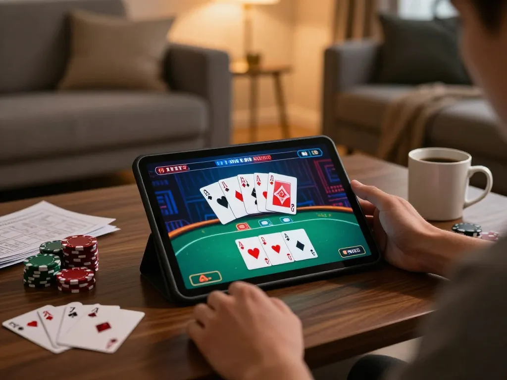 TV88 online poker gameplay on a tablet in a stylish living room, cozy and inviting atmosphere.
