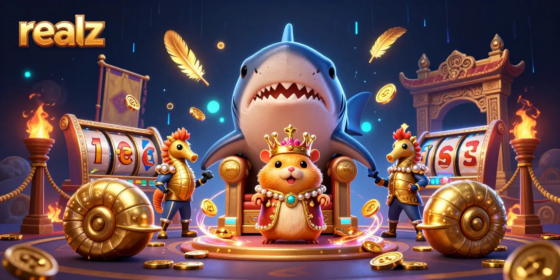 Spin the reels at realz with a vibrant 3D scene featuring a golden hamster king and thrilling casino elements.